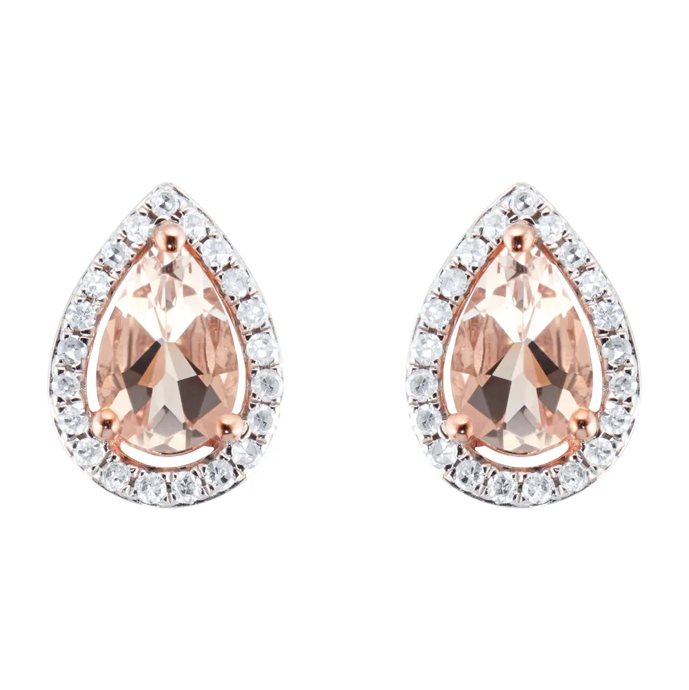 9ct Rose Gold Morganite & Diamond 0.13ct Pear Stud Earrings
