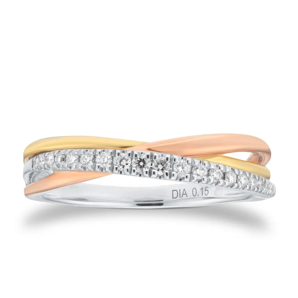 9ct Tri-Gold 0.15cttw Diamond 5.4mm Wave Ring