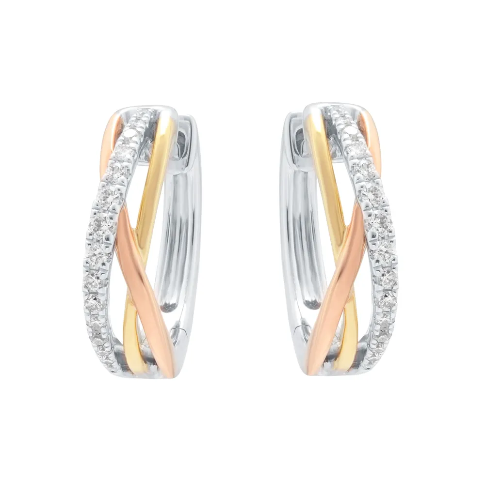 9ct Tri-Gold 0.20cttw Diamond Wave Hoop Earrings
