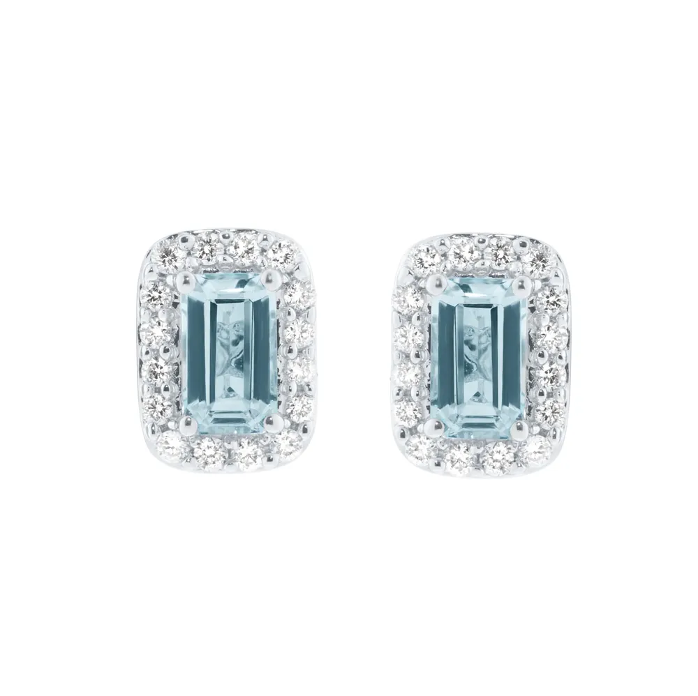 9ct White Gold 0.15cttw Diammond and Emerald Cut Aquamarine Halo Stud Earrings