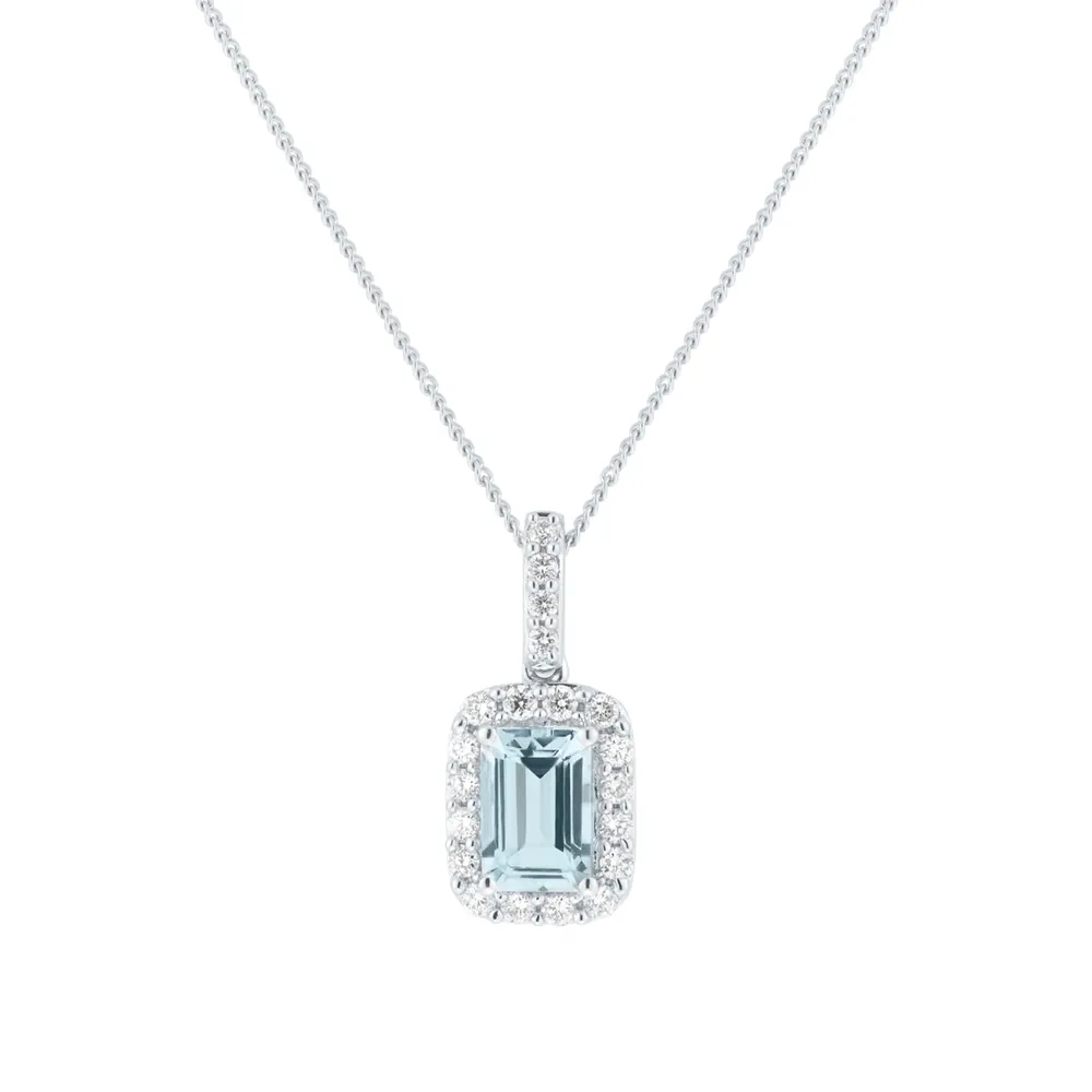 9ct White Gold 0.15cttw Diamond and Emerald Cut Aquamarine Halo Pendant