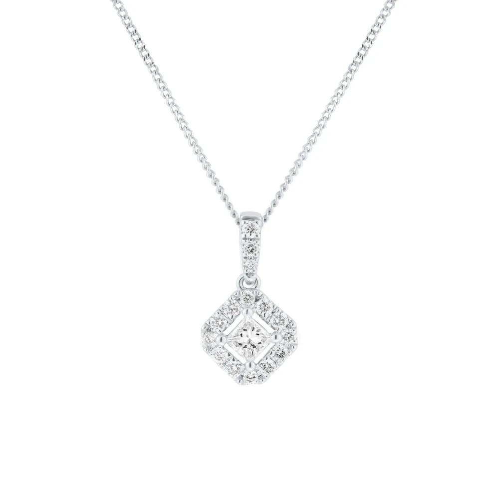 9ct White Gold 0.25cttw Princess Cut Diamond Halo Pendant