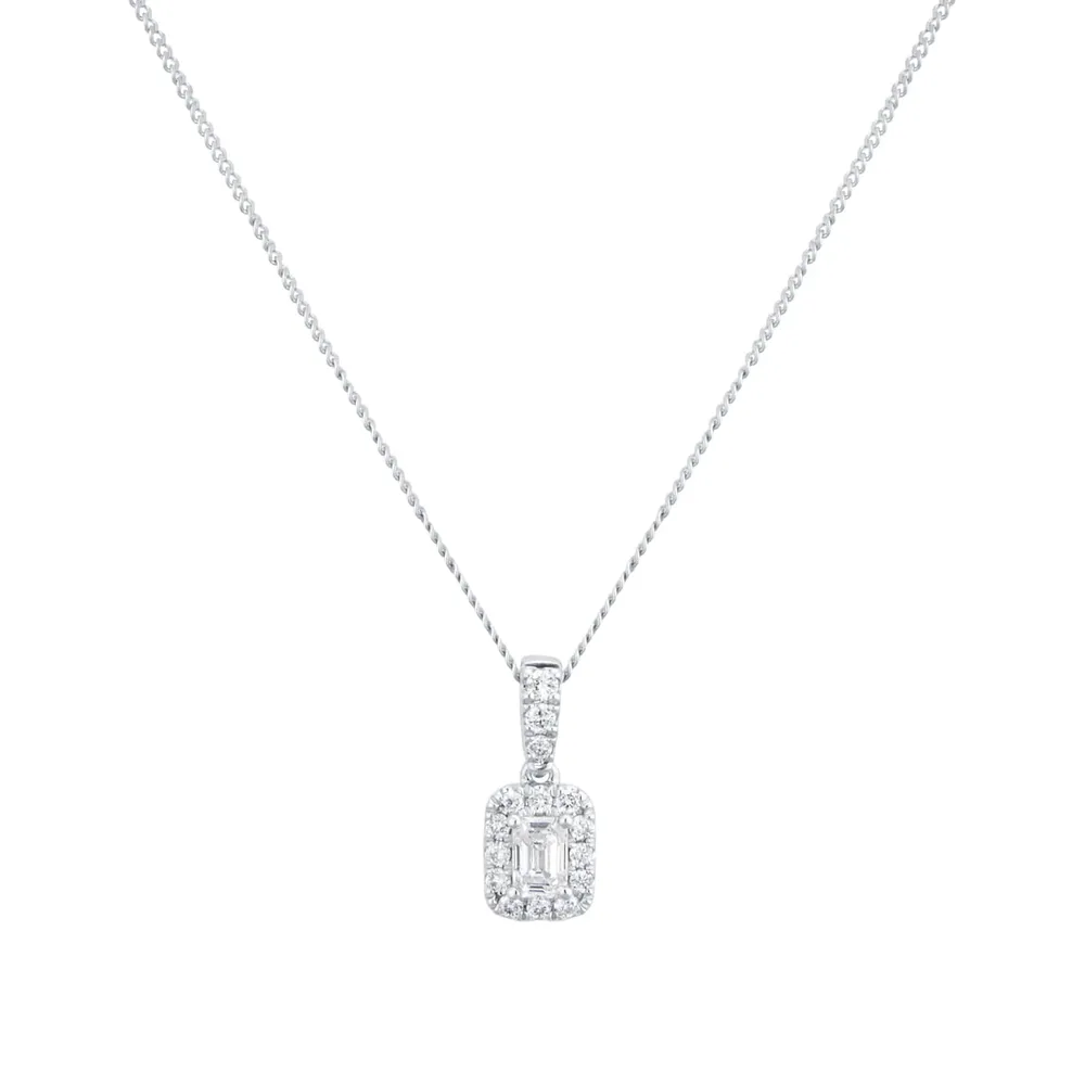 9ct White Gold 0.28cttw Emerald Cut Diamond Halo Pendant