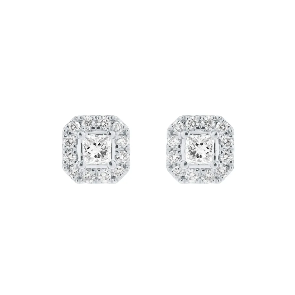 9ct White Gold 0.30cttw Princess Cut Diamond Halo Stud Earrings