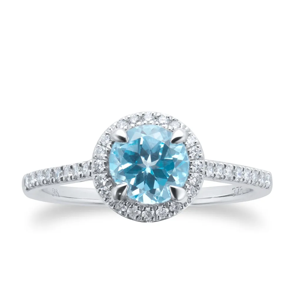9ct White Gold 6x6mm Blue Topaz And Diamond Round Halo Ring