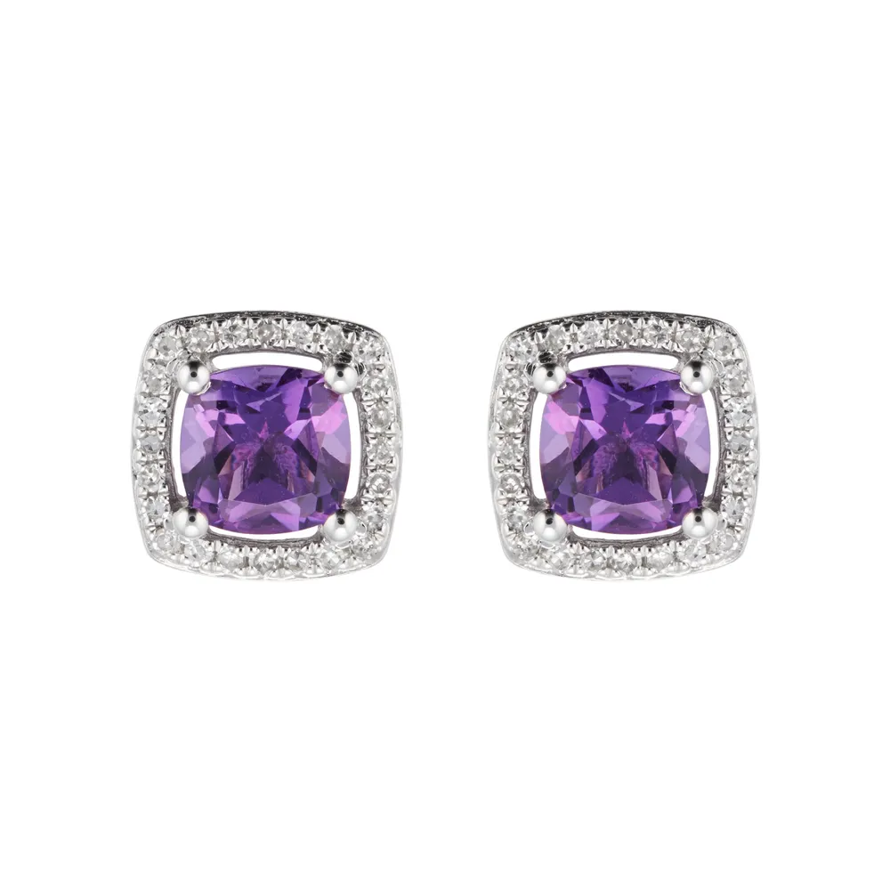 9ct White Gold Amethyst & Diamond 0.14ct Cushion Stud Earrings