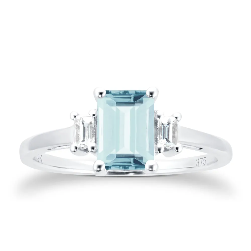 9ct White Gold Aquamarine & 0.12cttw Diamond Emerald Cut Ring