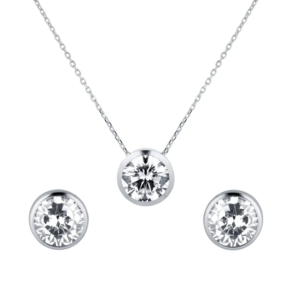 9ct White Gold Besel Set Pendant & Earrings Set
