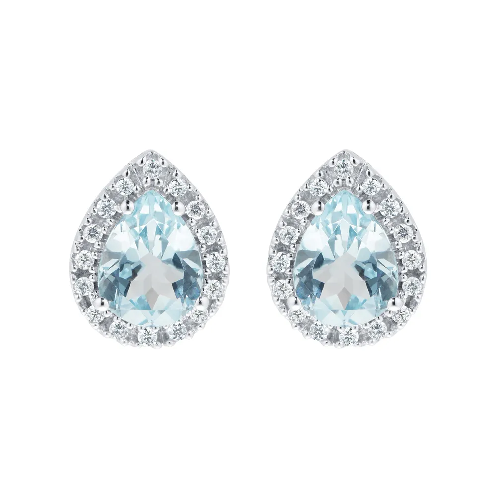 9ct White Gold Blue Topaz & Diamond Pear Halo Stud Earrings
