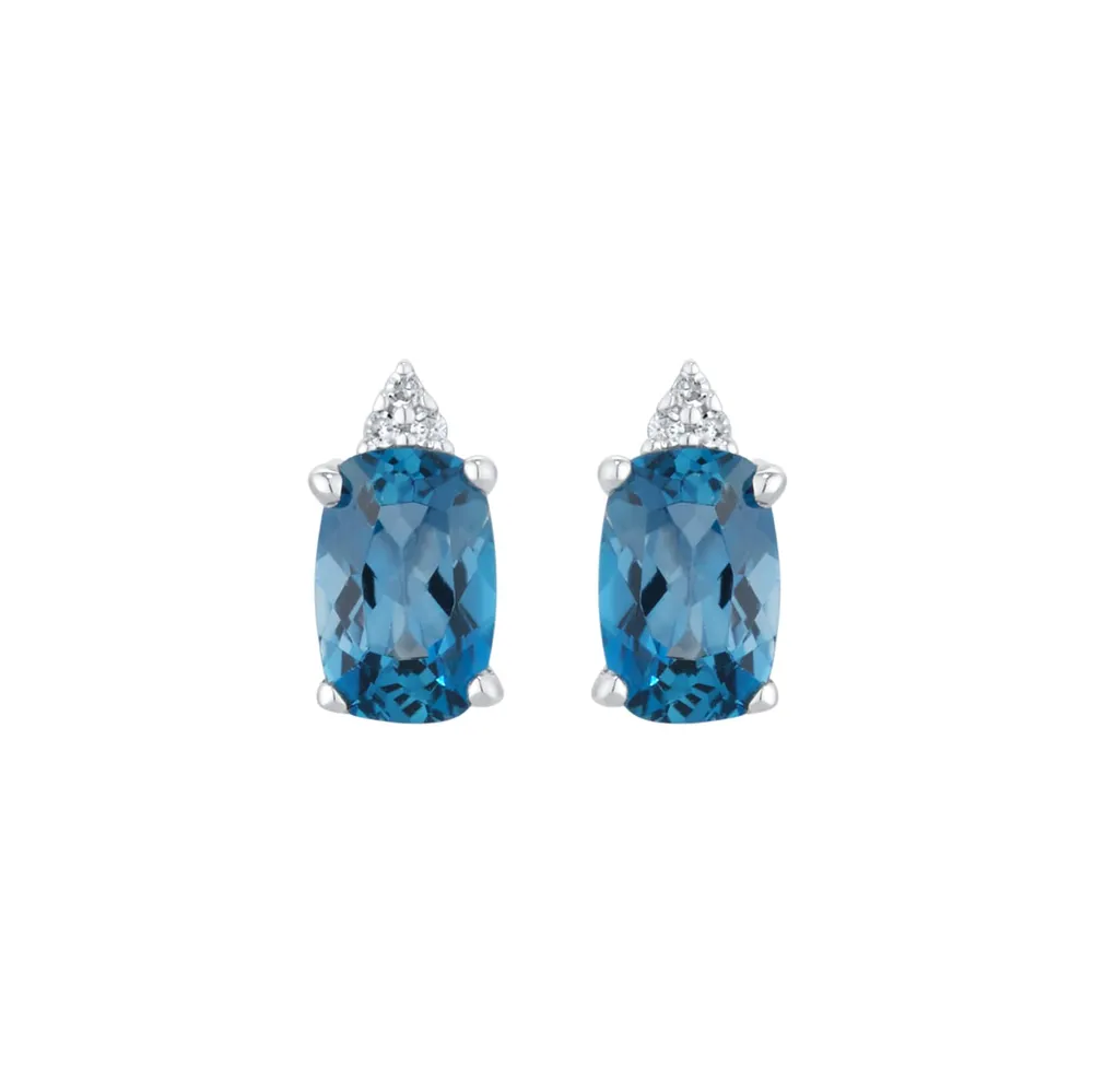 9ct White Gold Blue Topaz and Diamond Stud Earrings