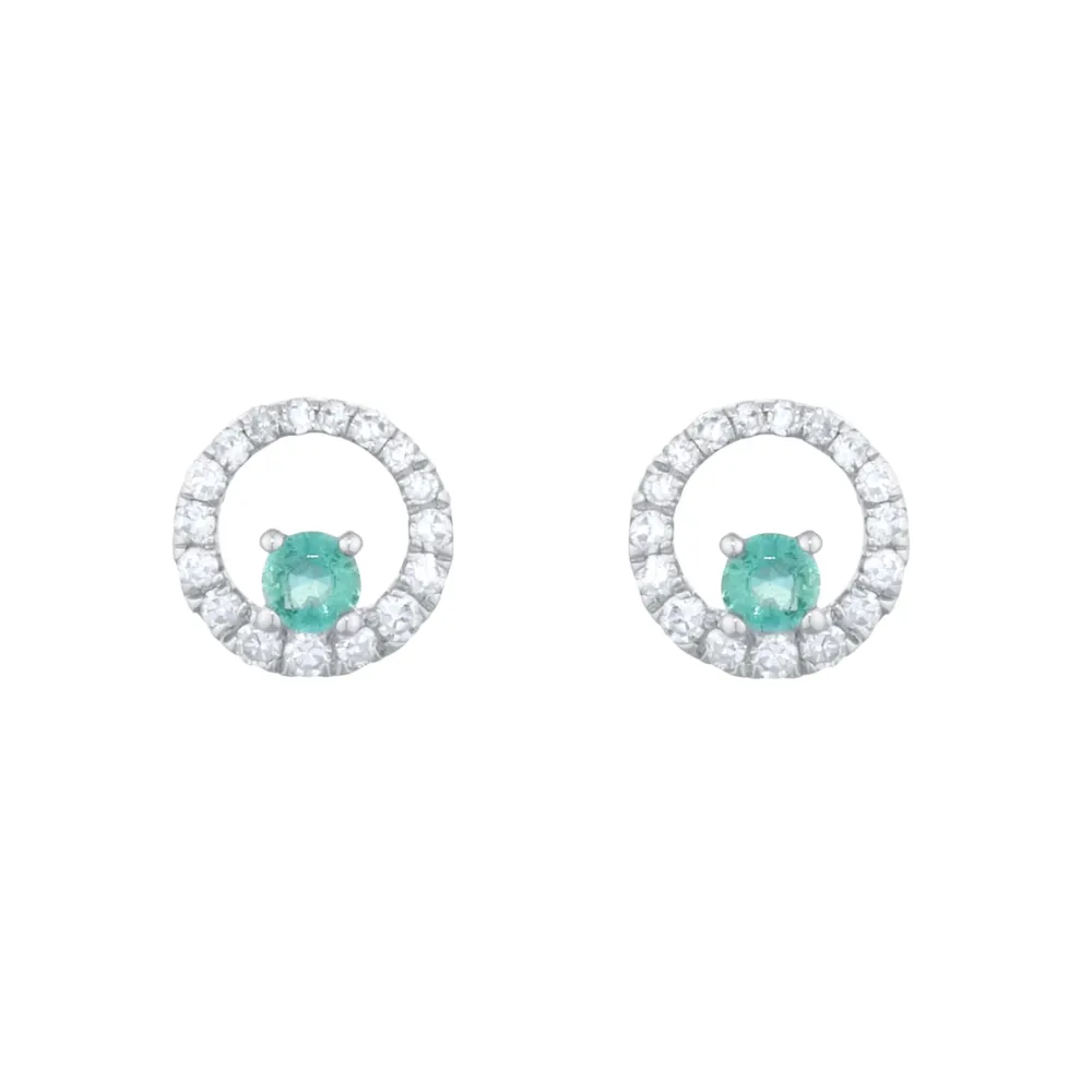 9ct White Gold Brilliant Cut Emerald and Diamond Halo Stud Earrings
