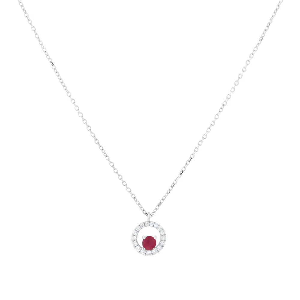 9ct White Gold Brilliant Cut Ruby and Diamond Halo Pendant