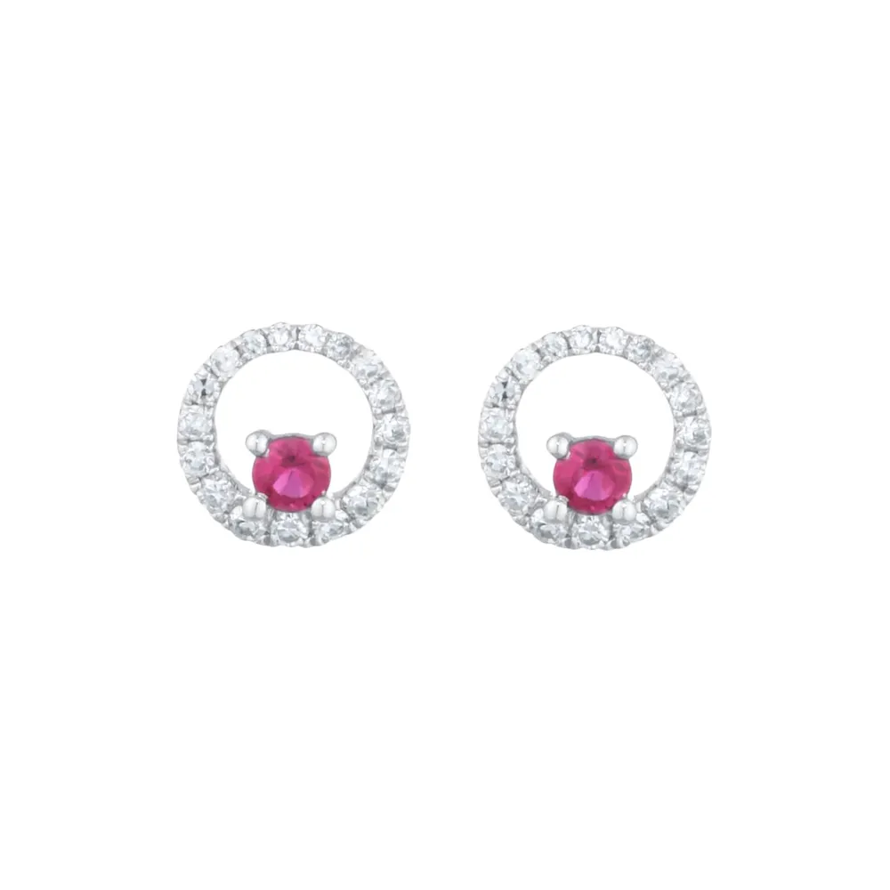 9ct White Gold Brilliant Cut Ruby and Diamond Halo Stud Earrings