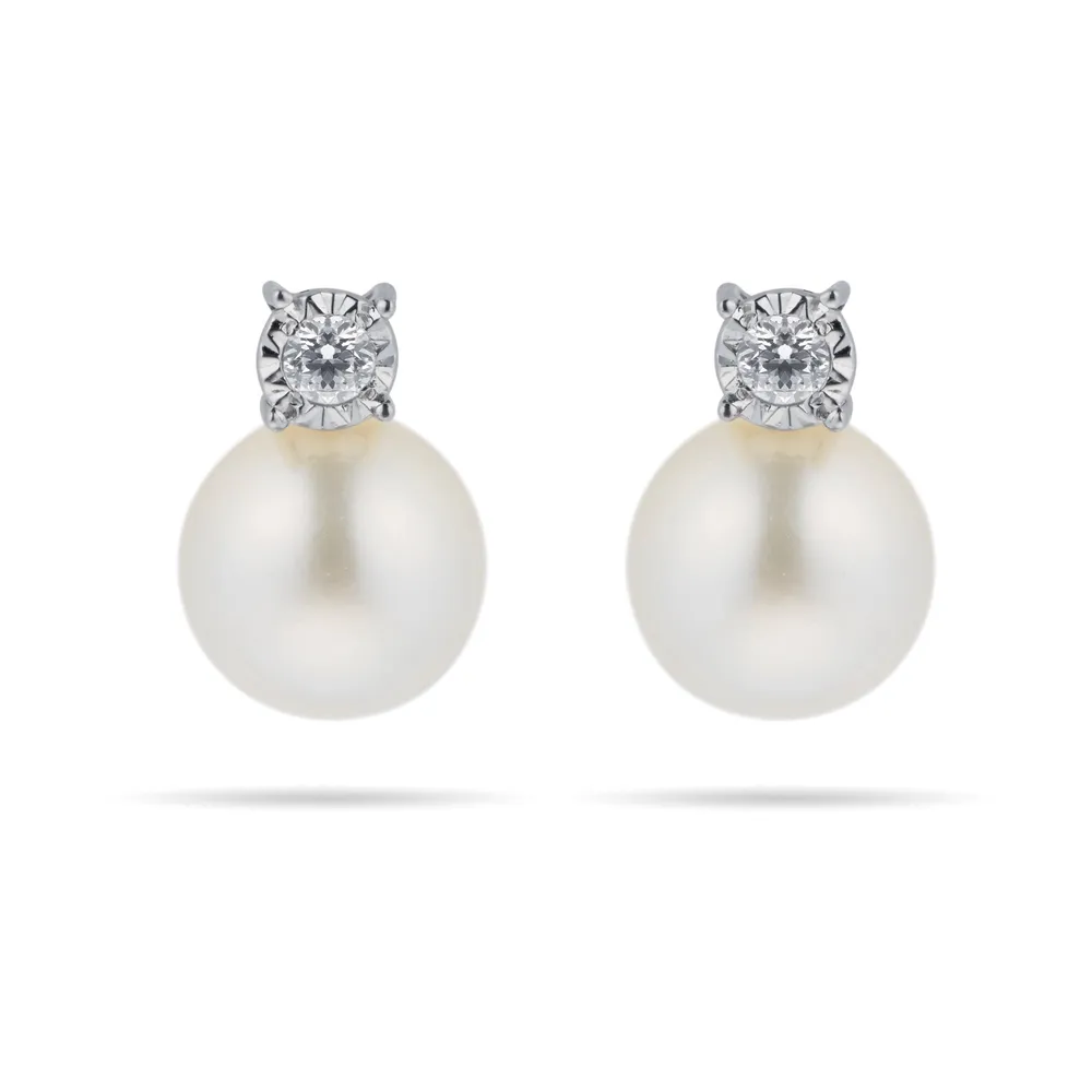9ct White Gold Diamond and 6-6.5mm Fresh Water Pearl Earrings