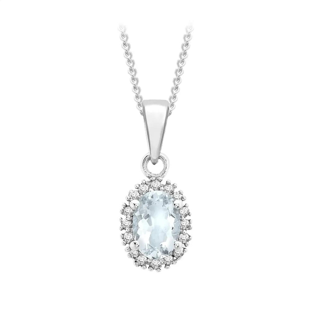 9ct White Gold Diamond and Aquamarine Cluster Pendant