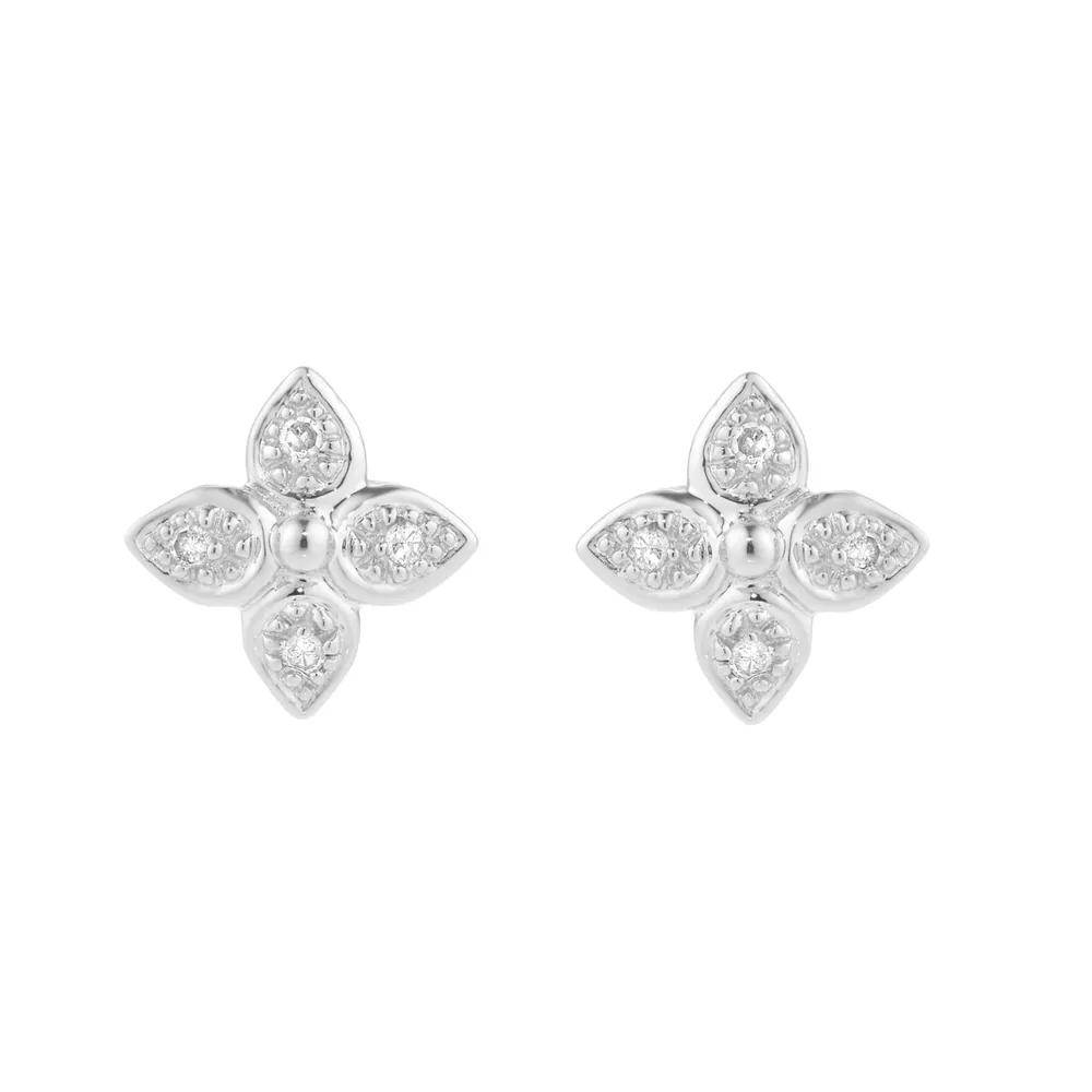 9ct White Gold Diamond Floral Stud Earrings