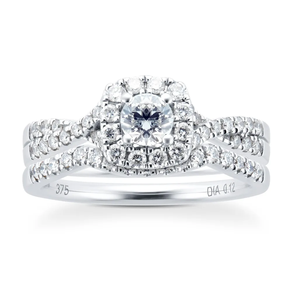 9ct White Gold Diamond Halo Bridal Set