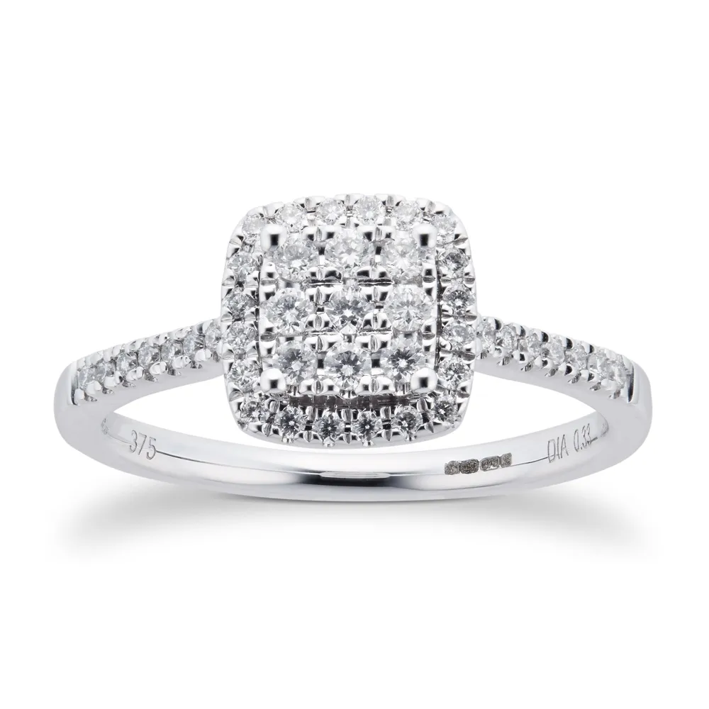 9ct White Gold Diamond Multi Stone Halo Cushion Cut Ring