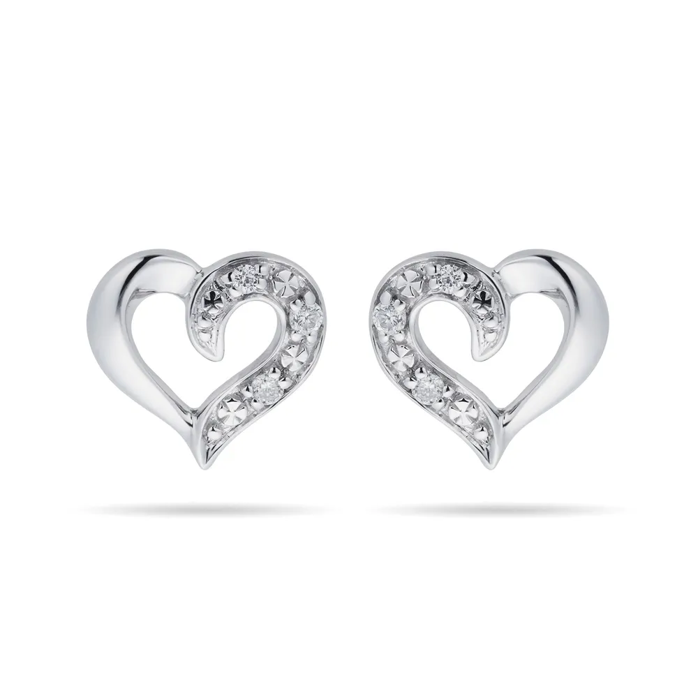 9ct White Gold Diamond Set Heart Stud Earrings