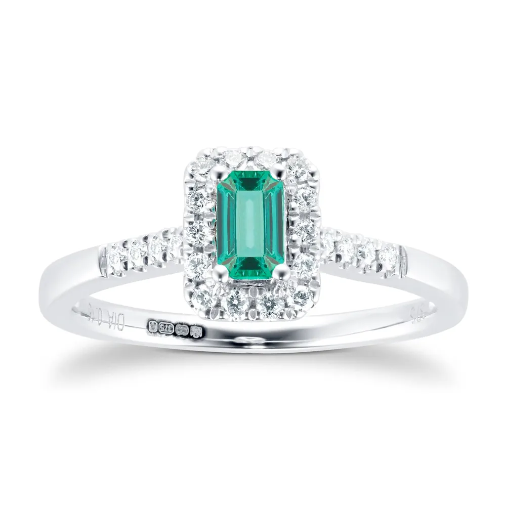 9ct White Gold Emerald & Diamond Halo Ring