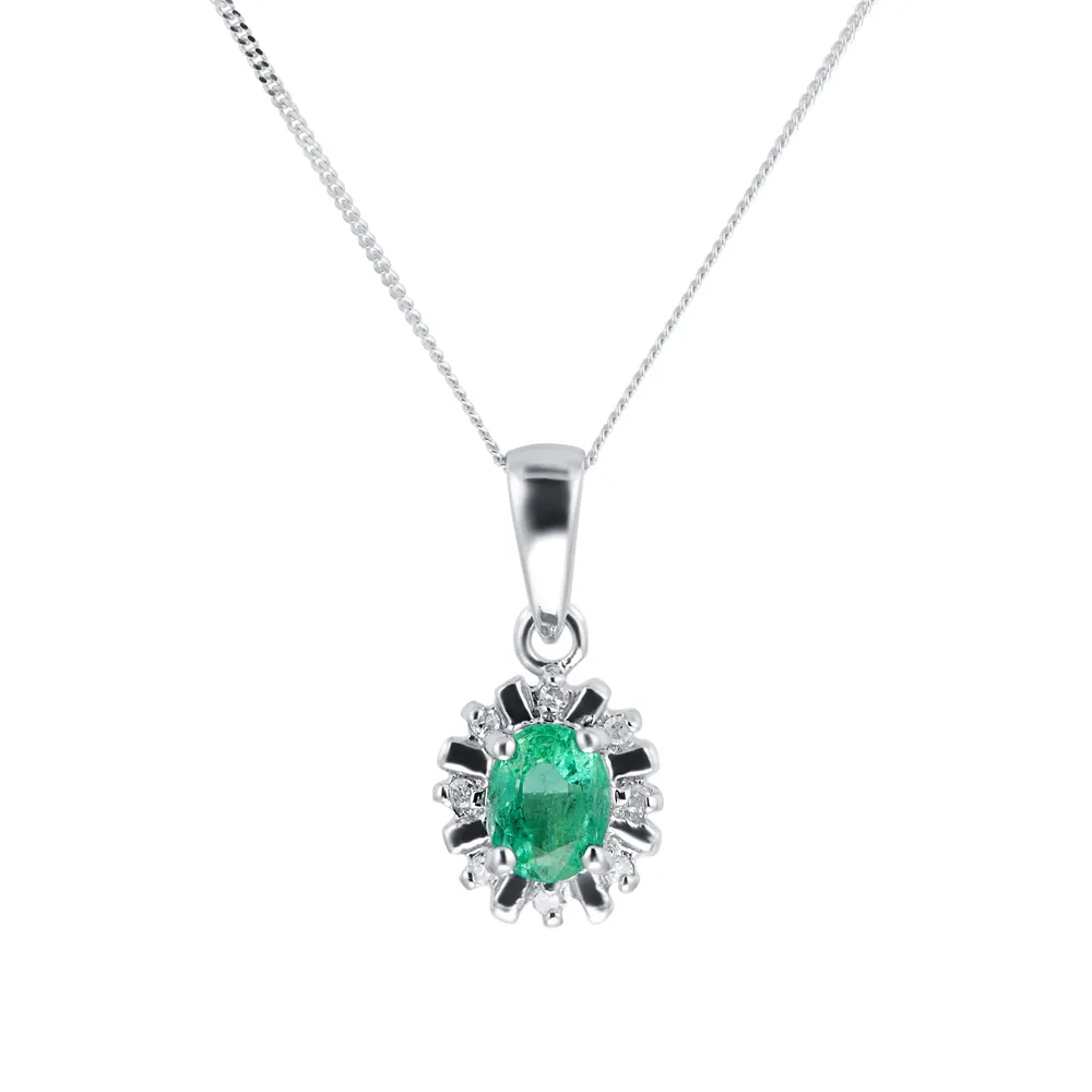 9ct White Gold Emerald & Diamond Pendant