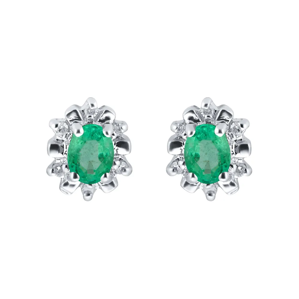 9ct White Gold Emerald & Diamond Studs