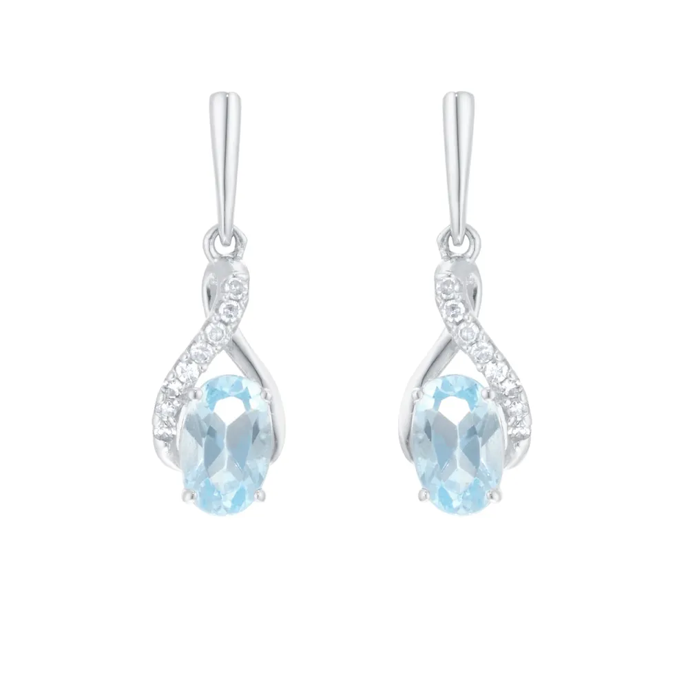 9ct White Gold Oval Cut Blue Topaz and Diamond Drop Earrings