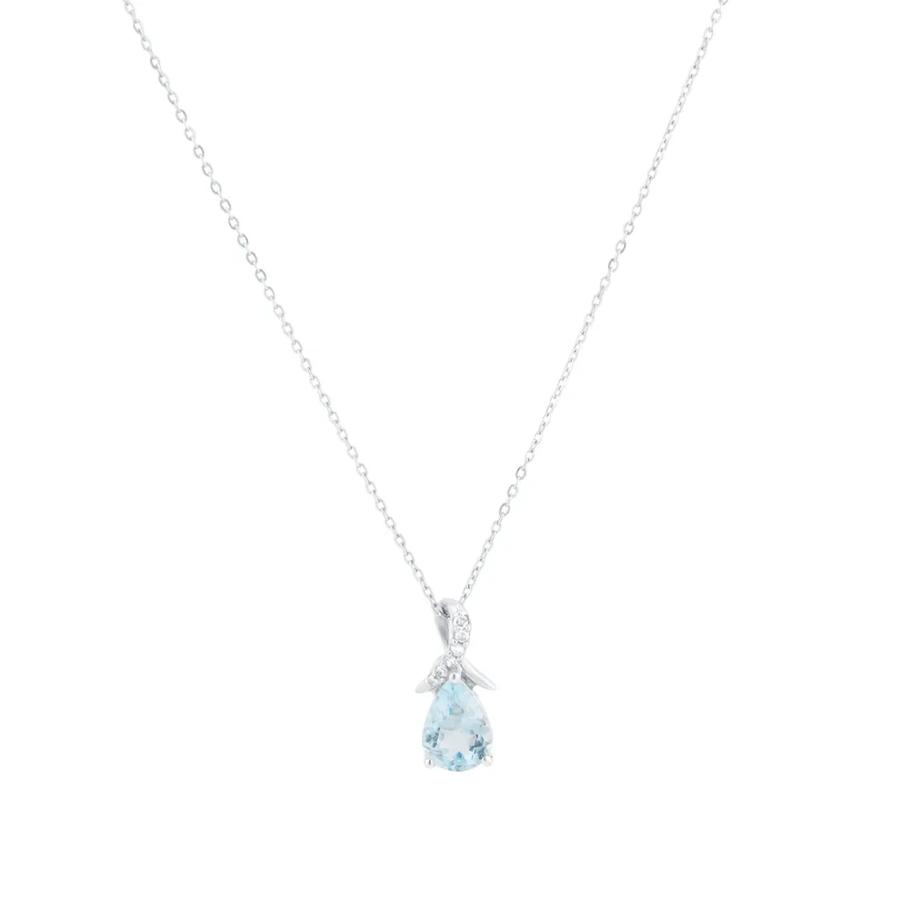 9ct White Gold Pear Cut Blue Topaz and Diamond Pendant