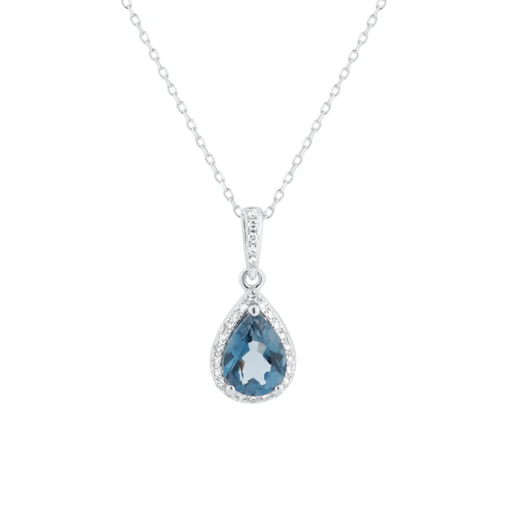 9ct White Gold Pear Cut London Blue Topaz and Diamond Pendant