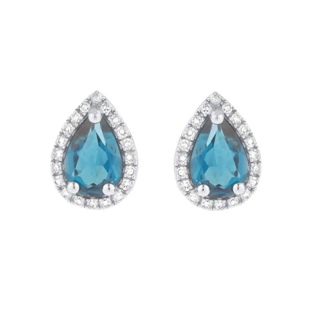 9ct White Gold Pear Cut London Blue Topaz and Diamond Stud Earrings