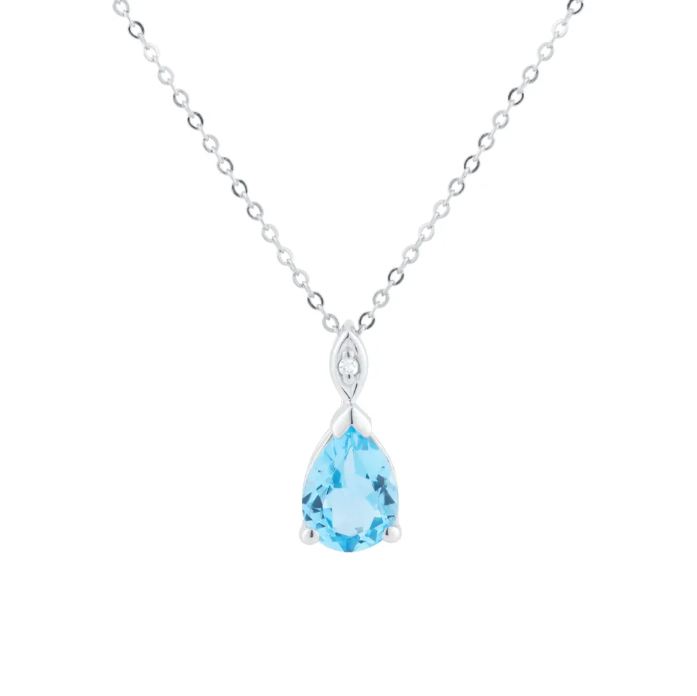 9ct White Gold Pear Cut Swiss Blue Topaz and Diamond Pendant