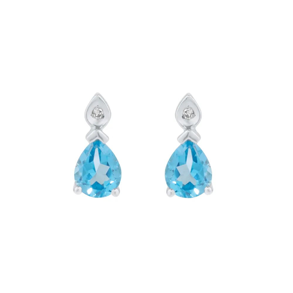 9ct White Gold Pear Cut Swiss Blue Topaz and Diamond Stud Earrings