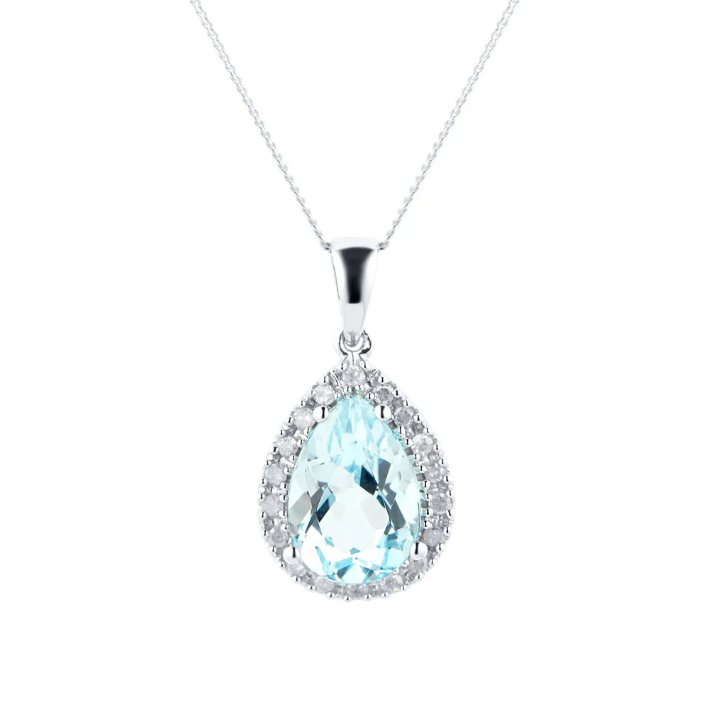 9ct White Gold Pear Cut Topaz & Diamond Pendant
