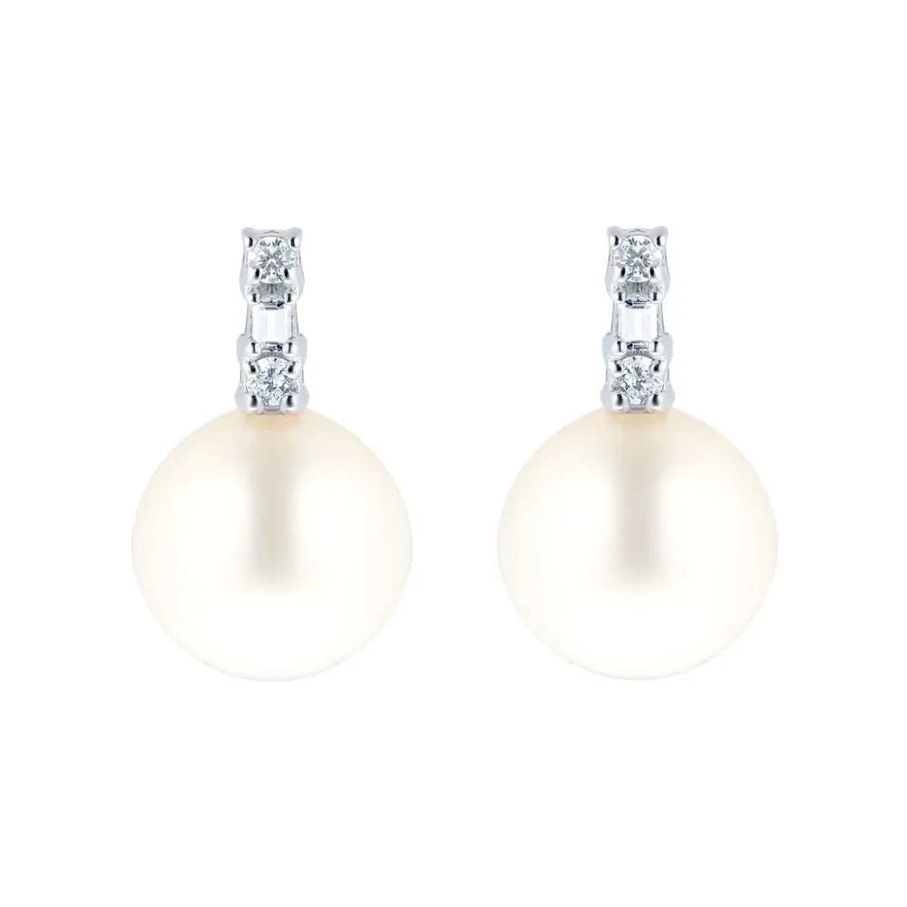 9ct White Gold Pearl & Diamond Baguette Stud Earrings