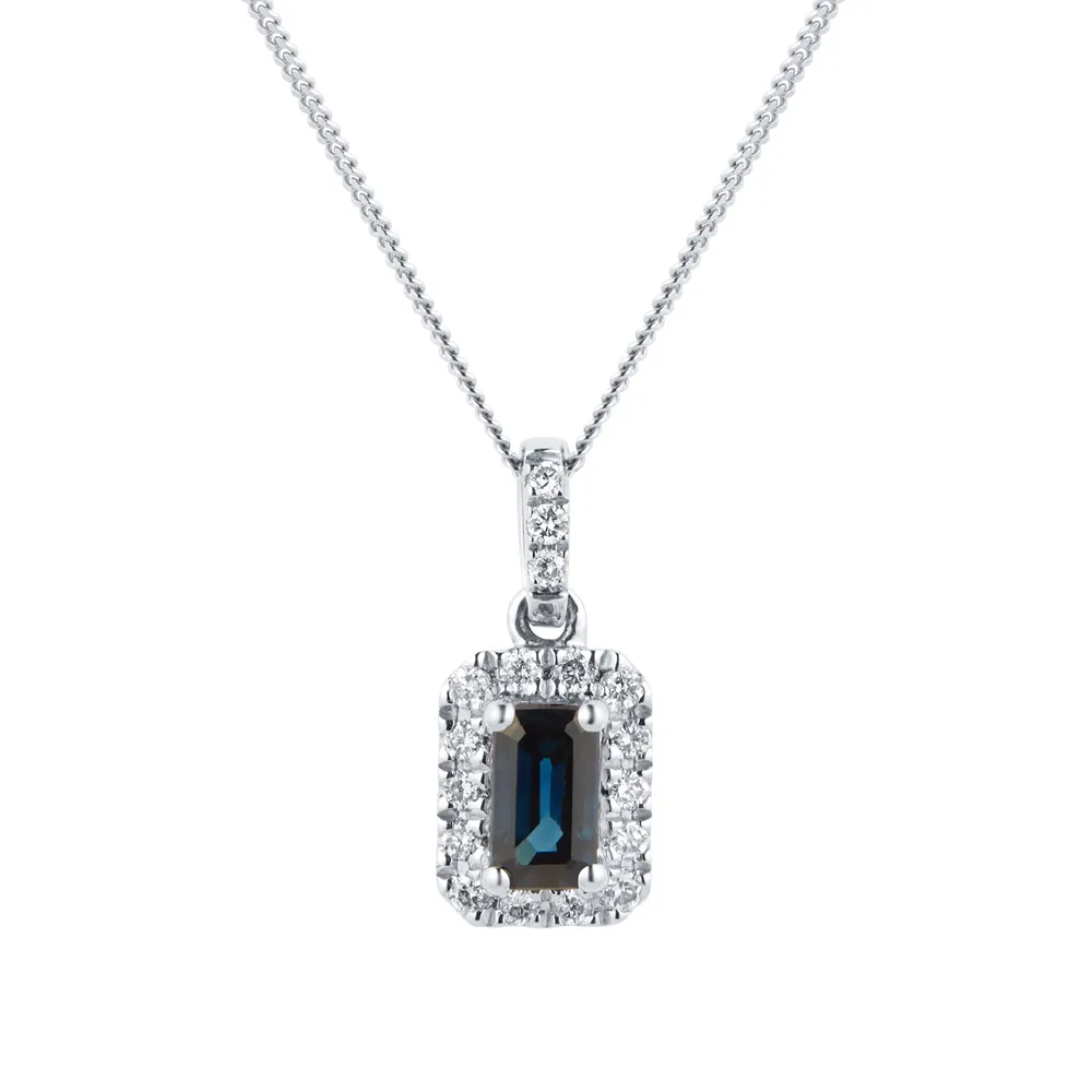 9ct White Gold Sapphire and Diamond Halo Pendant