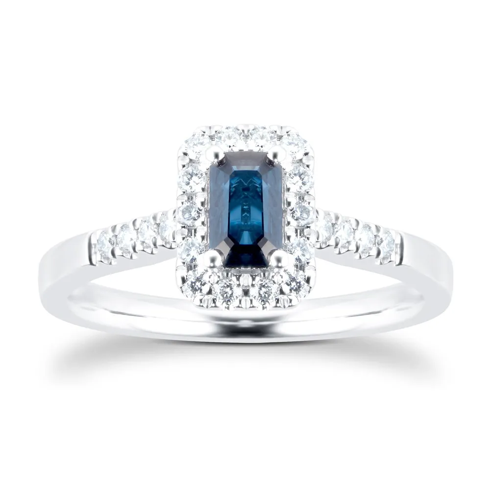 9ct White Gold Sapphire Emerald Cut Halo Ring