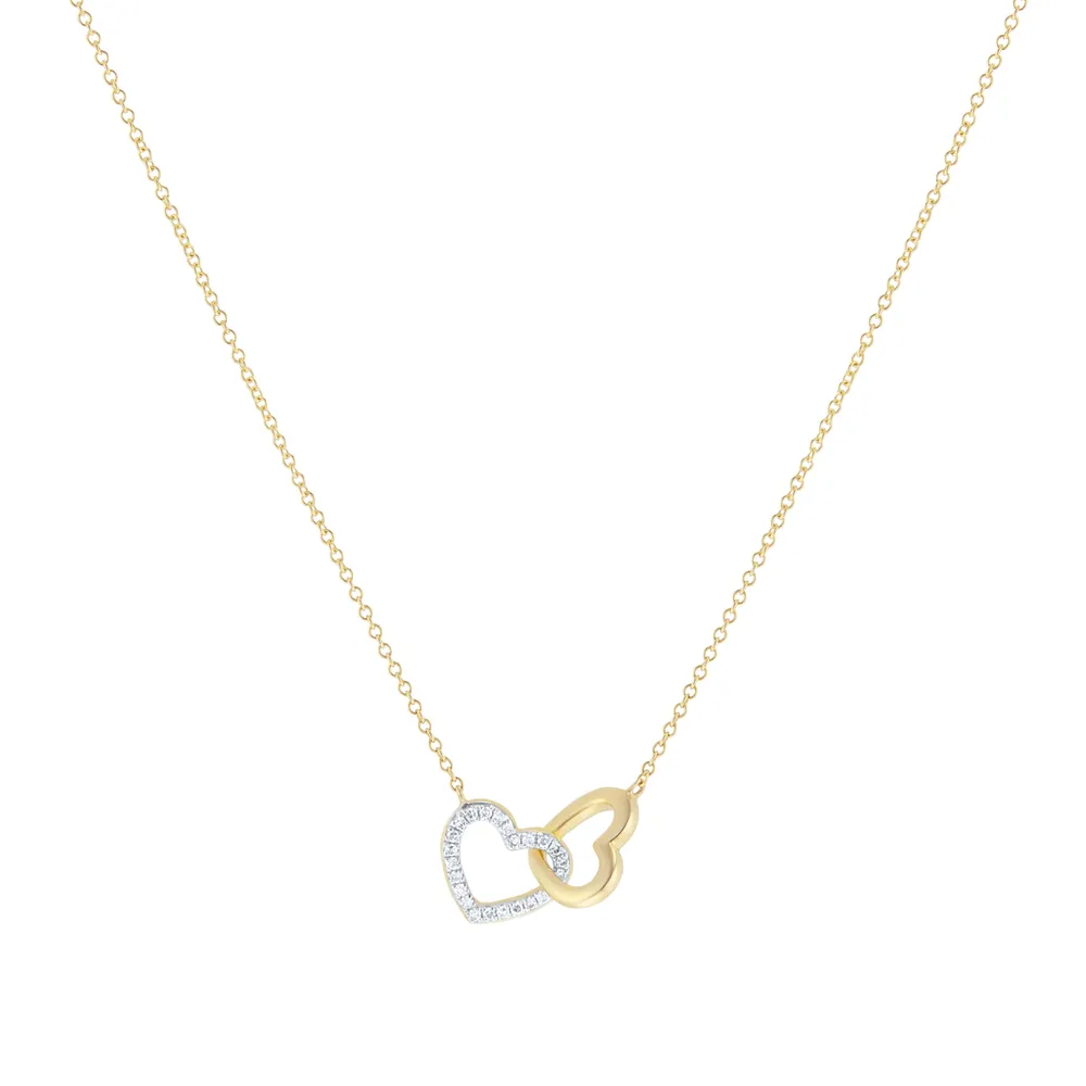 9ct Yellow & White Gold 0.06cttw Diamond 2 Heart Necklace