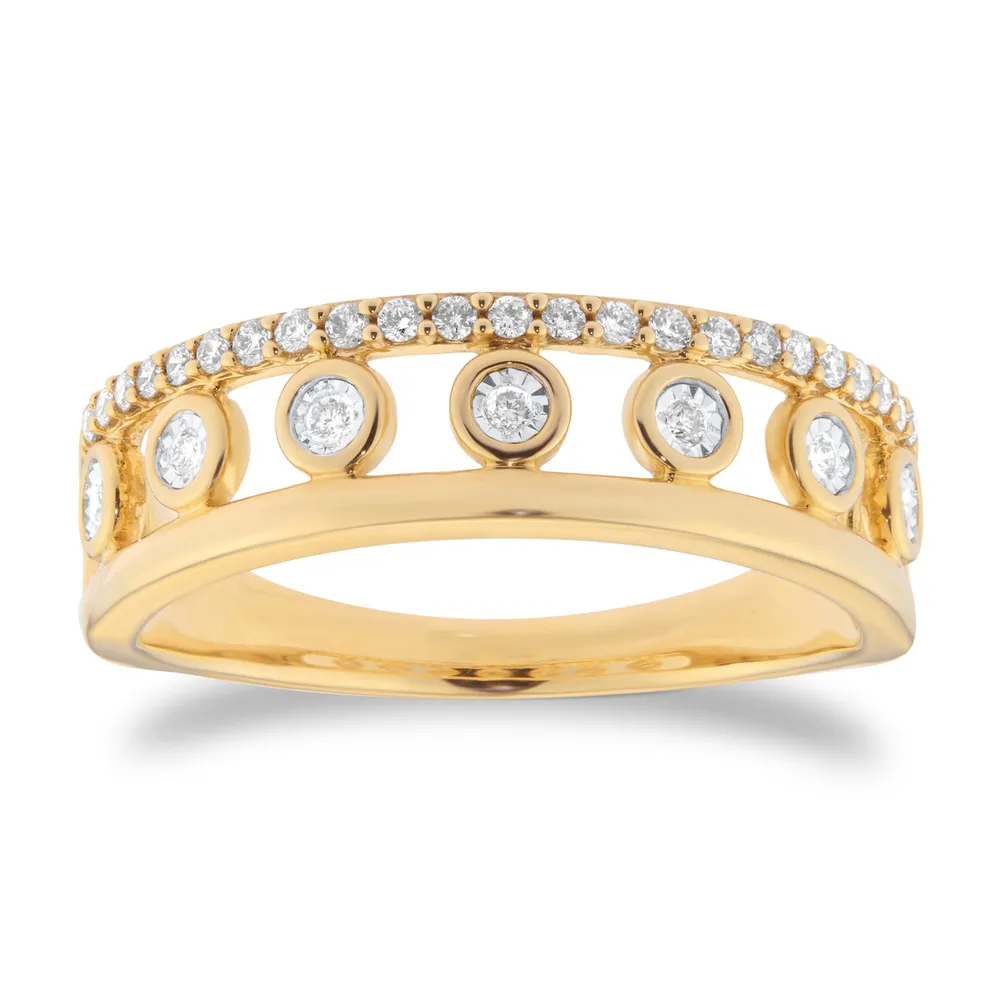9ct Yellow Gold 0.15cttw Diamond Double Row Station Ring