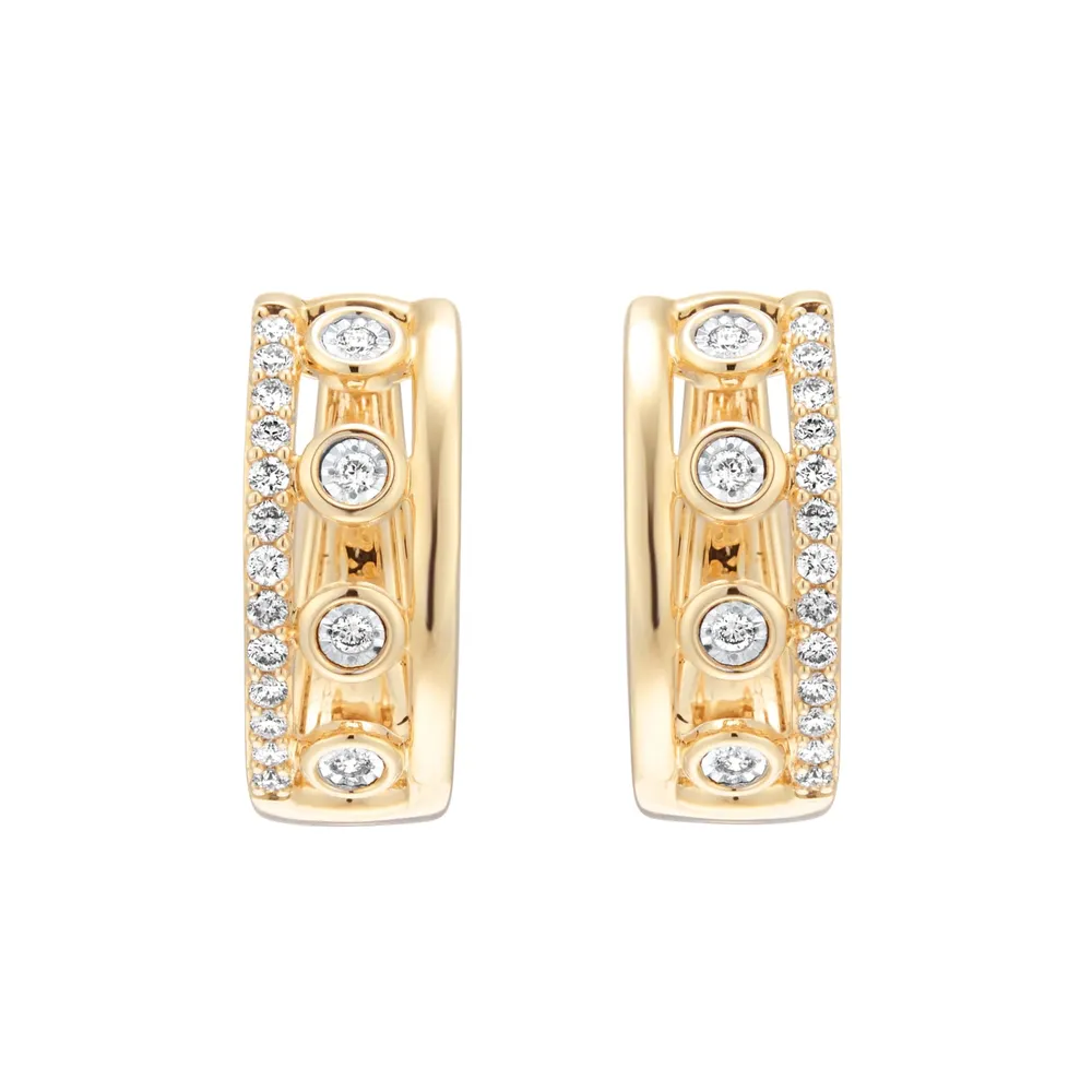 9ct Yellow Gold 0.18cttw Diamond Double Row Station Hoop Earrings