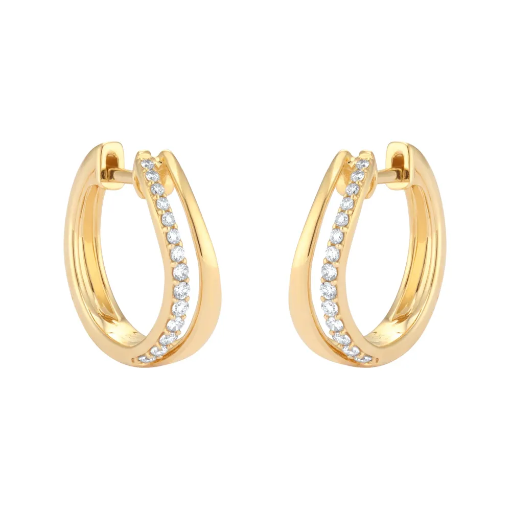 9ct Yellow Gold 0.18cttw Diamond Double Wave Hoop Earrings