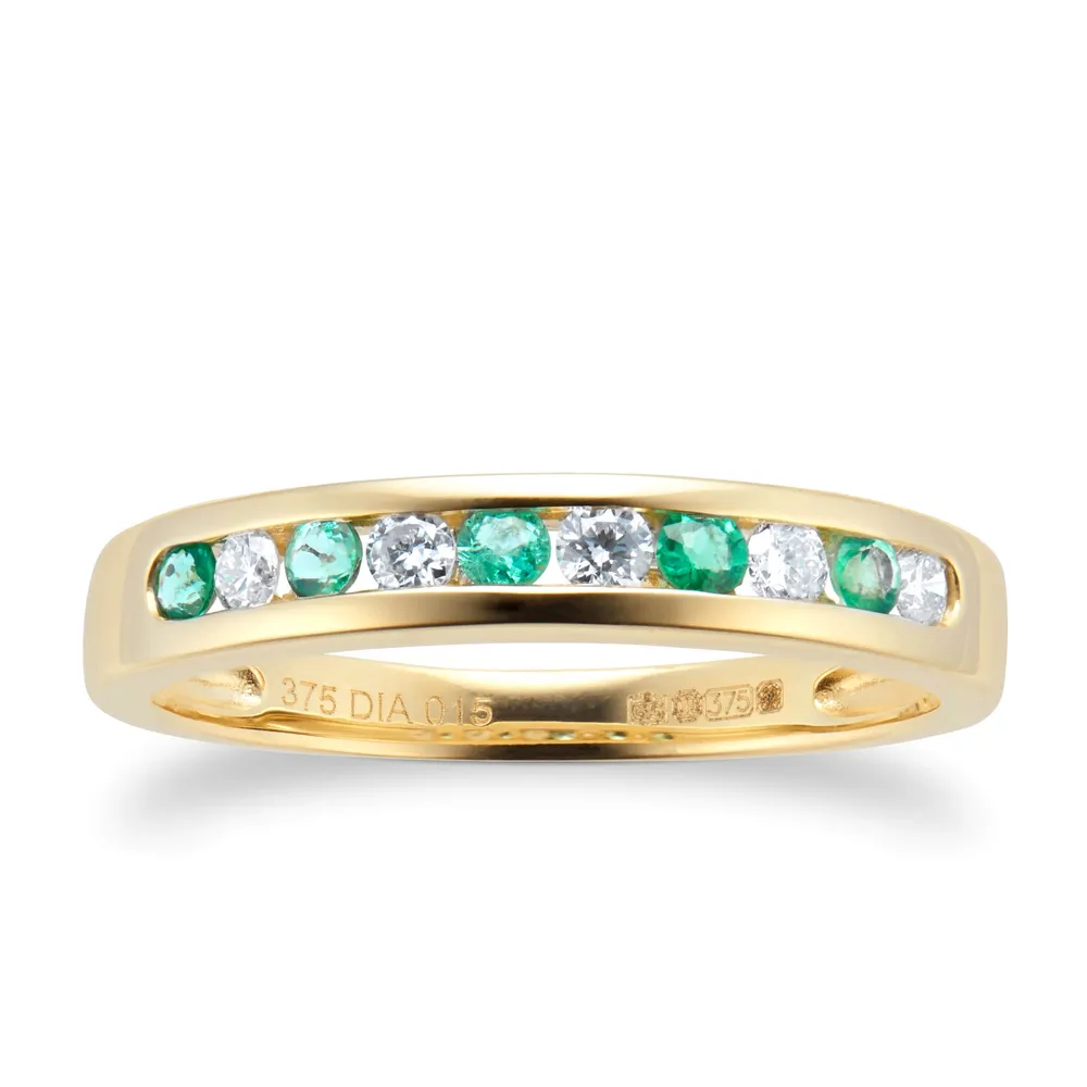 9ct Yellow Gold 0.25ct Emerald and 0.15ct Diamond Half Eternity Ring