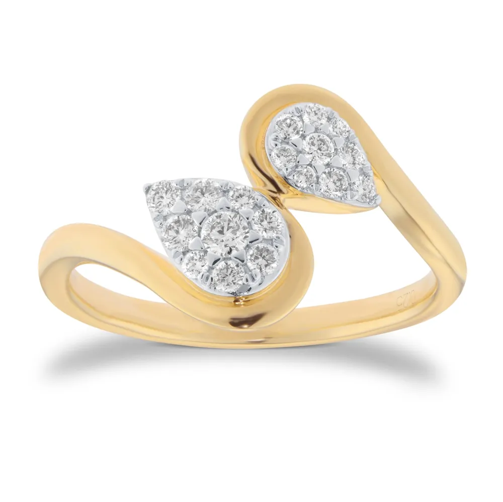 9ct Yellow Gold 0.25cttw Double Pear Cluster Diamond Wave Ring