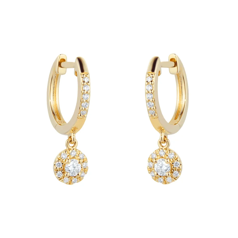 9ct Yellow Gold 0.25cttw Halo Drop Hoop Earrings