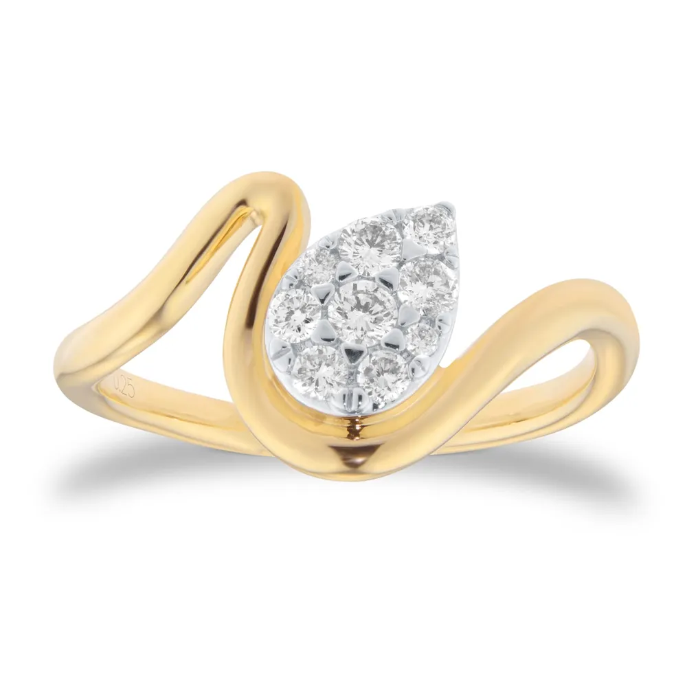 9ct Yellow Gold 0.25cttw Pear Cluster Diamond Wave Ring