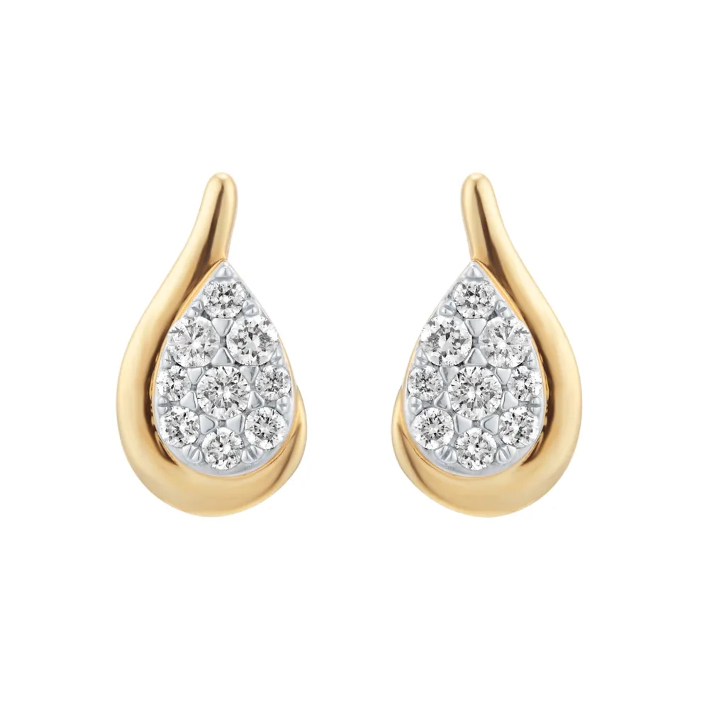 9ct Yellow Gold 0.25cttw Pear Cluster Diamond Wave Stud Earrings