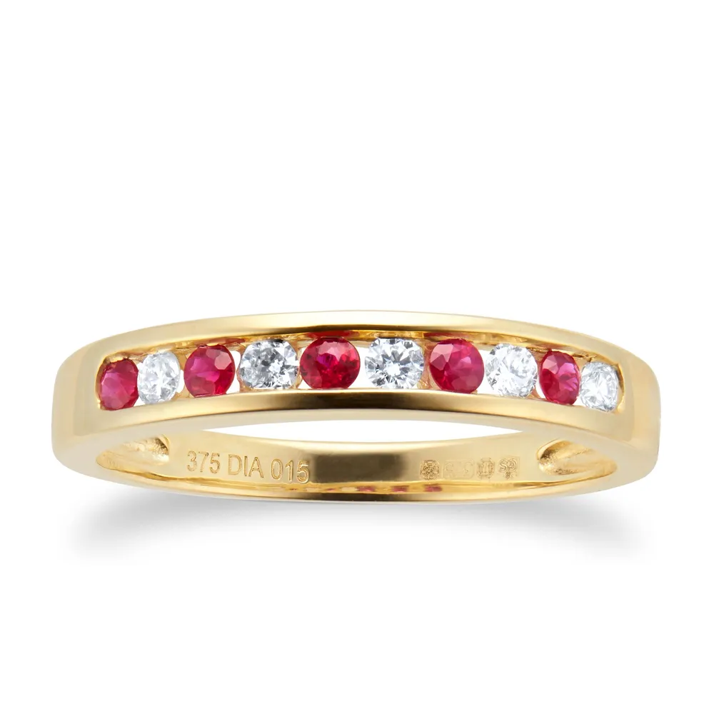 9ct Yellow Gold 0.30ct Ruby and 0.15ct Diamond Half Eternity Ring