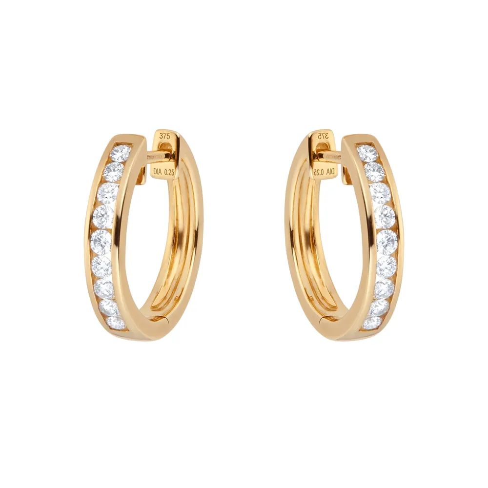 9ct Yellow Gold 0.50 Carat Total Weight Diamond Channel Set Hoops