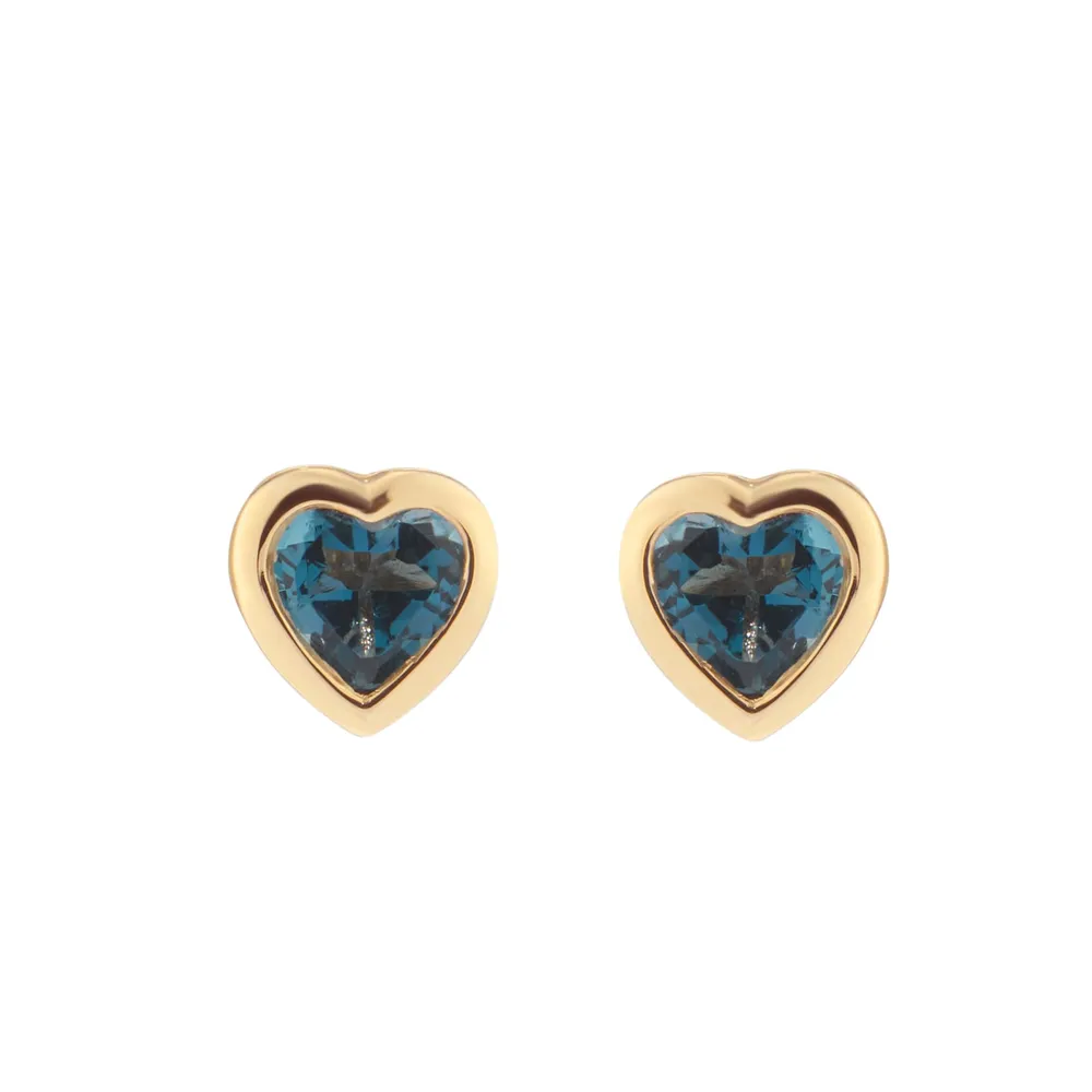 9ct Yellow Gold 4mm London Blue Topaz Bezel Set Heart Stud Earrings