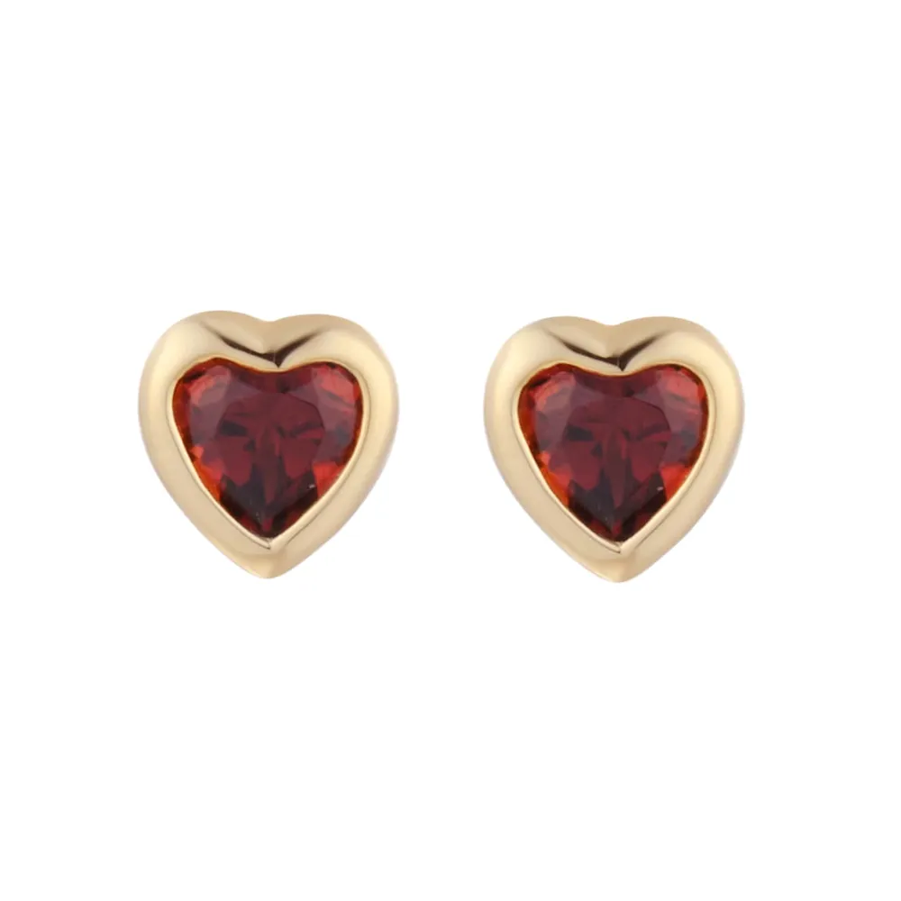 9ct Yellow Gold 4mm Rubover Garnet Heart Stud Earrings
