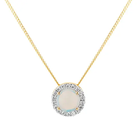 Goldsmiths 9ct Yellow Gold 5.5mm Opal And Diamond 0.08ct Halo Pendant